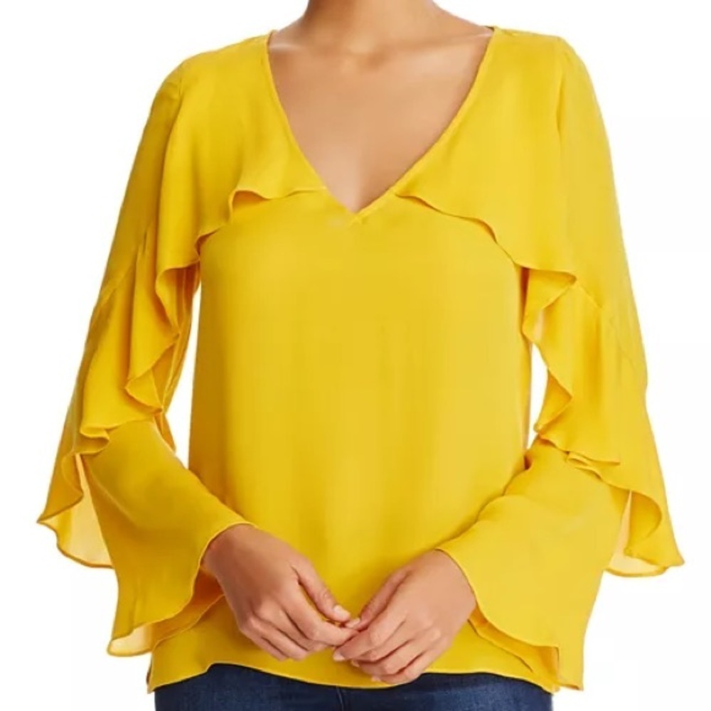 [XL]Kobi Halperin Ryann Ruffle Bell Sleeve Silk Blouse Yellow